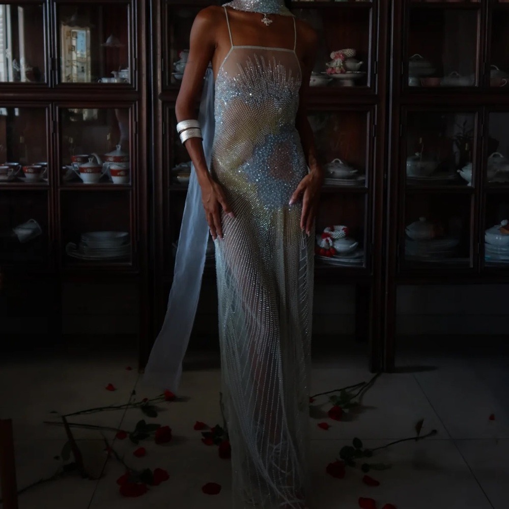 Sheer Beaded Maxi Dress in Silver-Blue